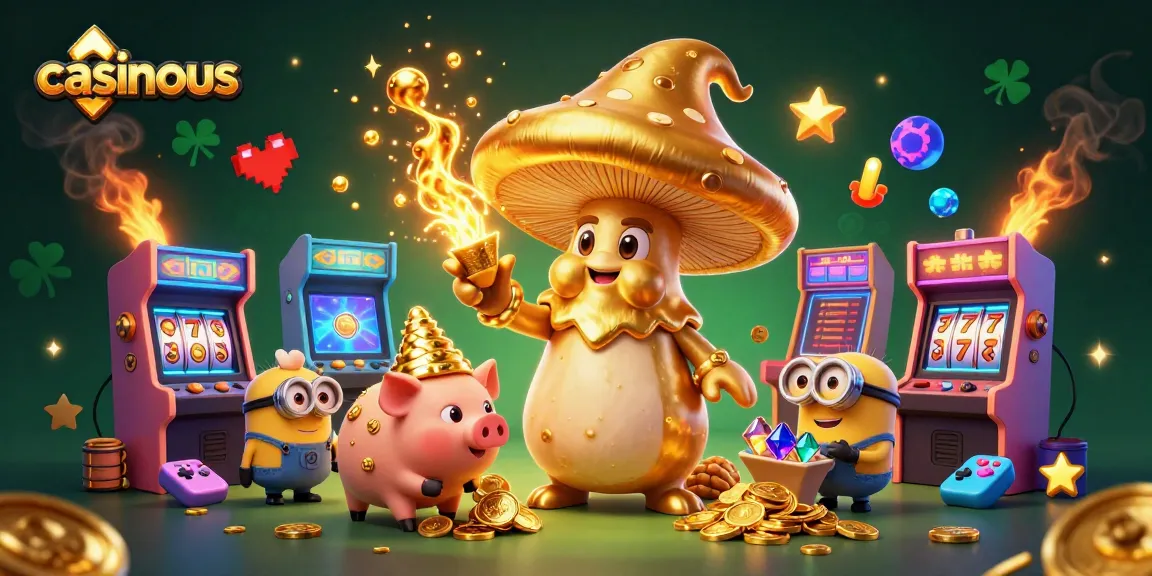 Experience the excitement of casinous with a vibrant 3D casino illustration showcasing golden characters and slot game elements.