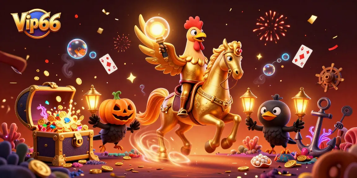 Experience the thrill of Vip66 casino action with golden rooster and friends amidst vibrant gaming elements.
