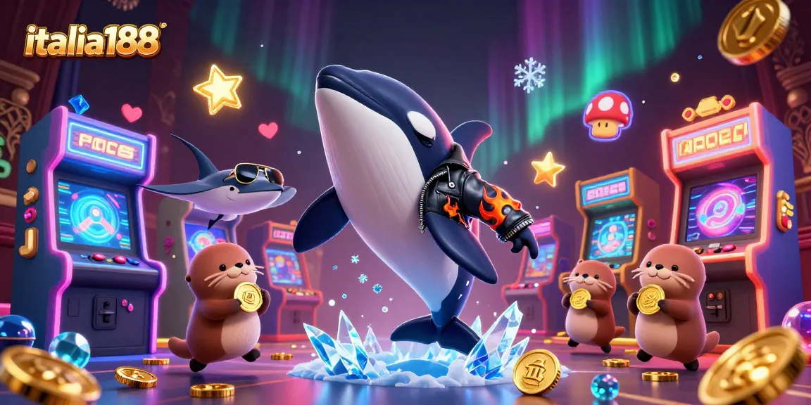 Slot gacor di italia188, orca keren lompat sambil beruang koin emas di latar pemandangan berkilau.