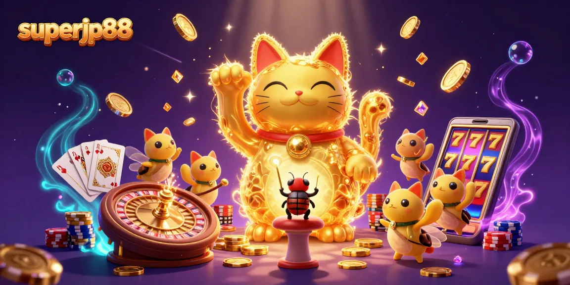 Engage with the superjp88 gaming experience featuring a vibrant illustration of a lucky cat and casino symbols.