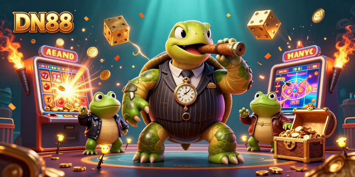 Players win big at DN88 with vibrant casino-themed 3D illustration showcasing slot machines and lively characters.