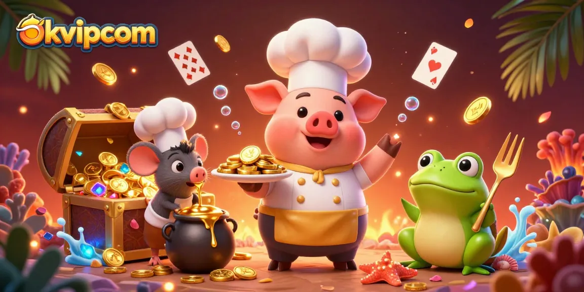 Experience the excitement of spinning winnings at okvipcom with the engaging 3D pig chef serving golden treasures.