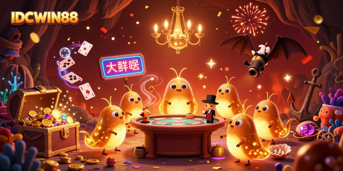 Engage with IDCWIN88's glowing cave casino filled with vibrant gambling elements and festive energy.