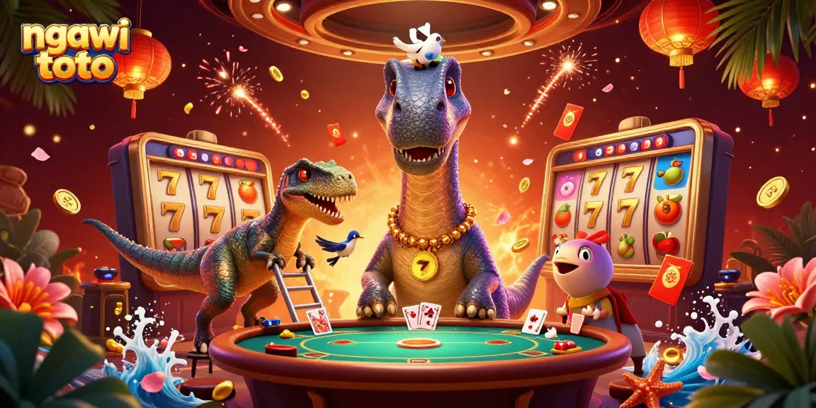 Permainan slot gacor di ngawi toto dengan ilustrasi dinosaur dan elemen keberuntungan memanjakan mata.