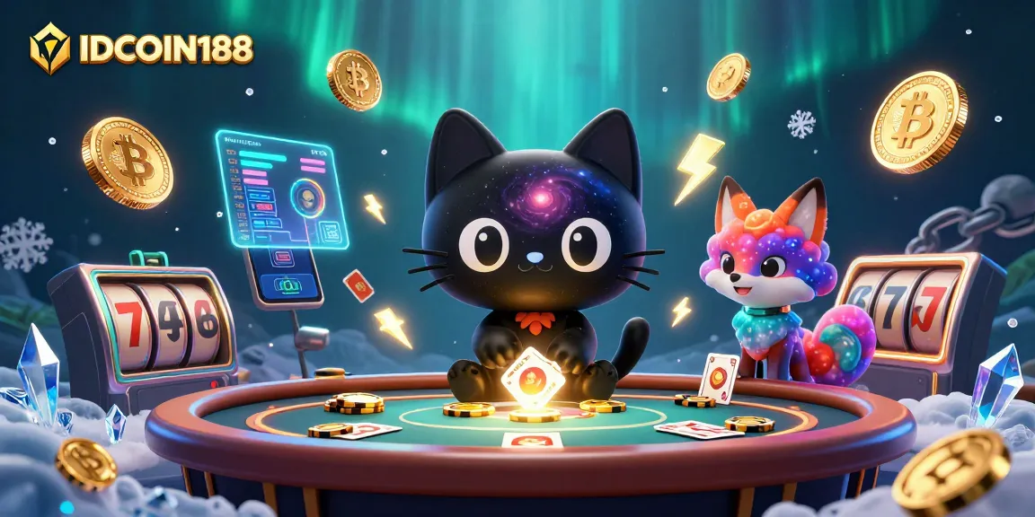 IDCOIN188 showcases a cartoon cat and fox at a cosmic casino table grabbing chips in a vibrant 3D illustration.