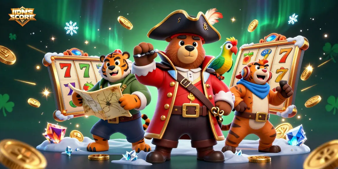Experience the thrill with IDNSCORE, showcasing dynamic slot reels and vibrant characters.