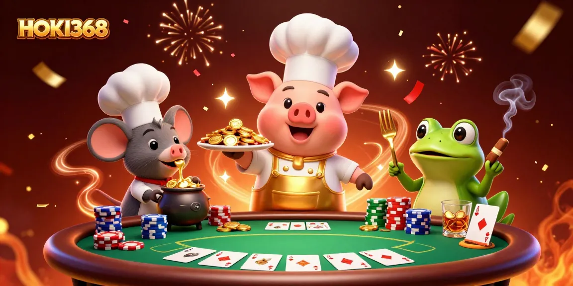 Experience the thrill of gaming with HOKI368 in a vibrant casino-themed illustration.