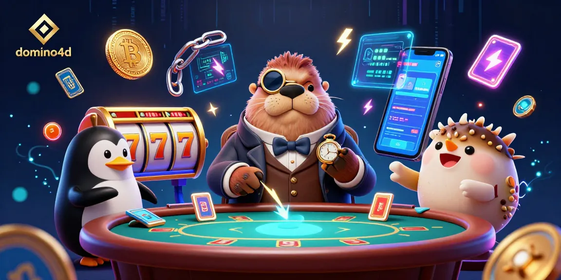 Gambarkan domino4d dalam ilustrasi 3D yang memukau, menunjukkan walrus bahagia bermain slot di meja poker.