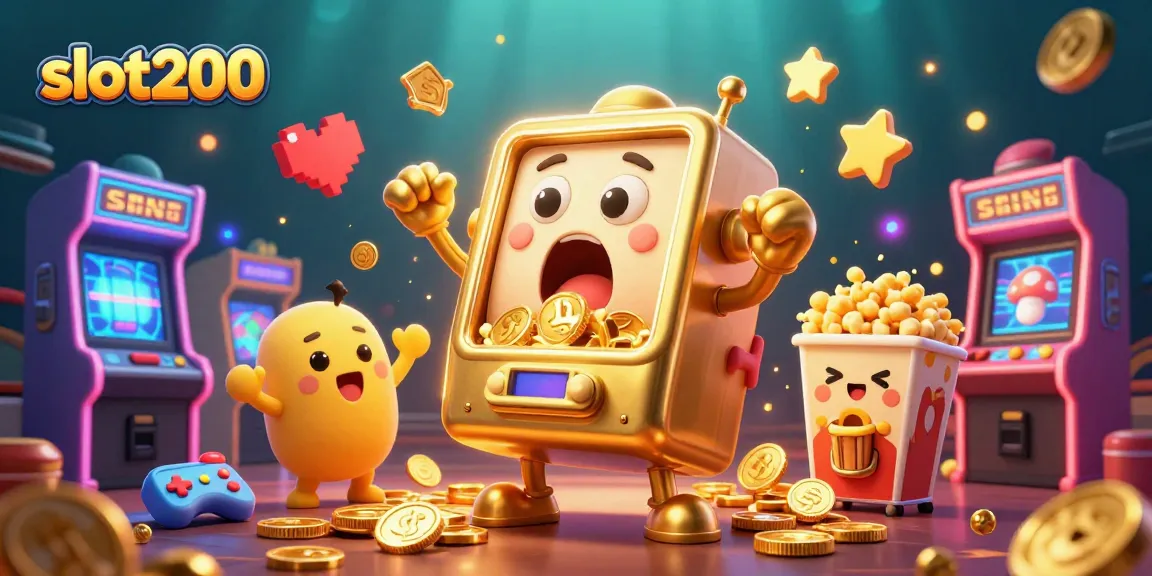 Slot200 menghadirkan momen kemenangan dengan mesin slot emas mengeluarkan koin, dikelilingi oleh mesin slot imut lainnya.