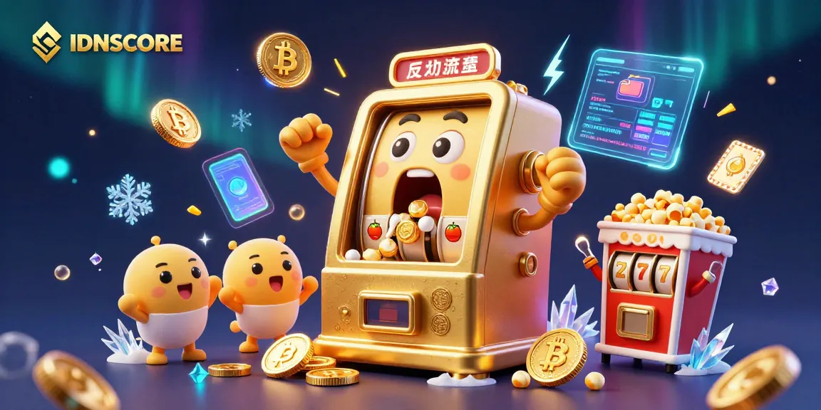 IDNSCORE slot machine hitting a jackpot and showered with coins, surrounded by cheer and crypto elements.