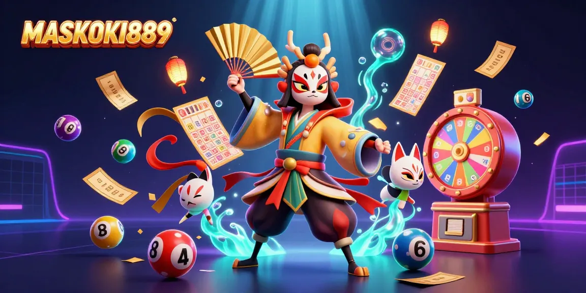 Engage with MASKOKI889's dynamic gaming scene with colorful lottery balls and exciting casino elements.
