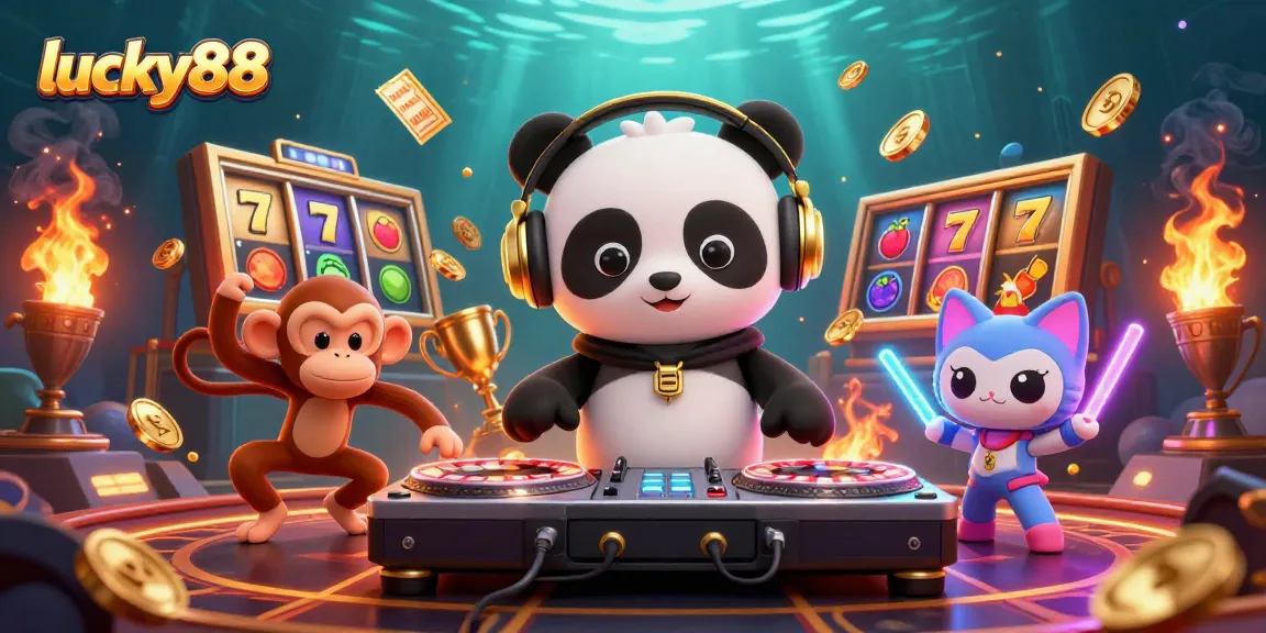 Experience lucky88 in a vibrant casino scene with a DJ panda, breakdancing monkey, and rave kitten.