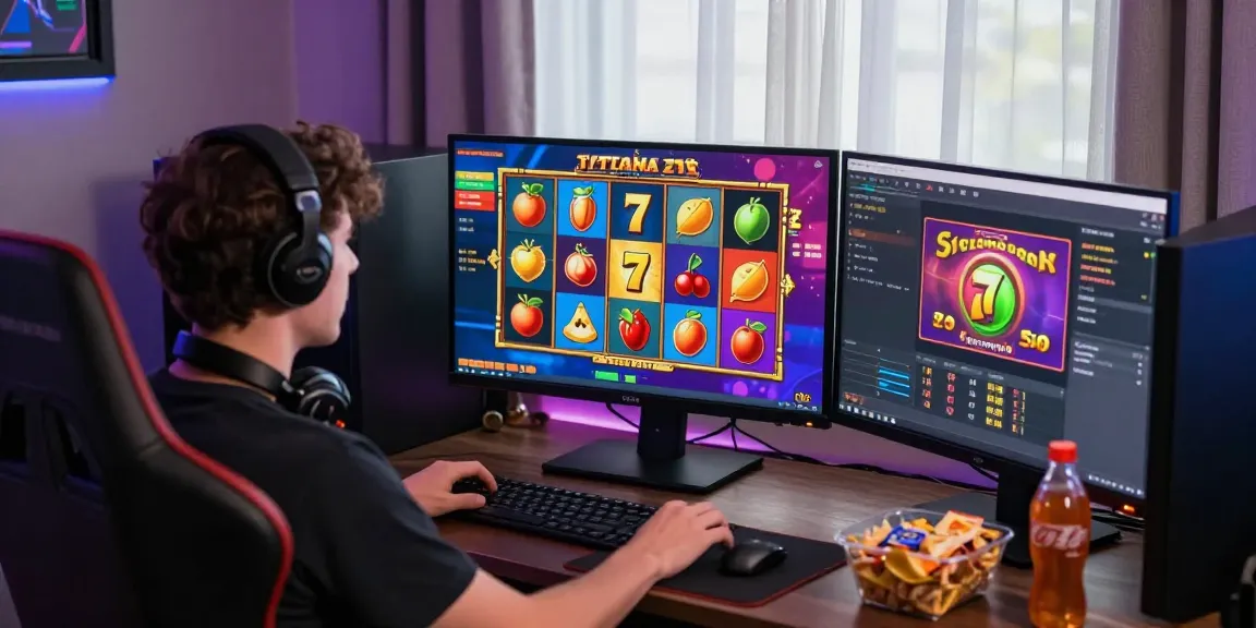 Pengguna bermain slot online dengan suasana ceria dan penuh warna.