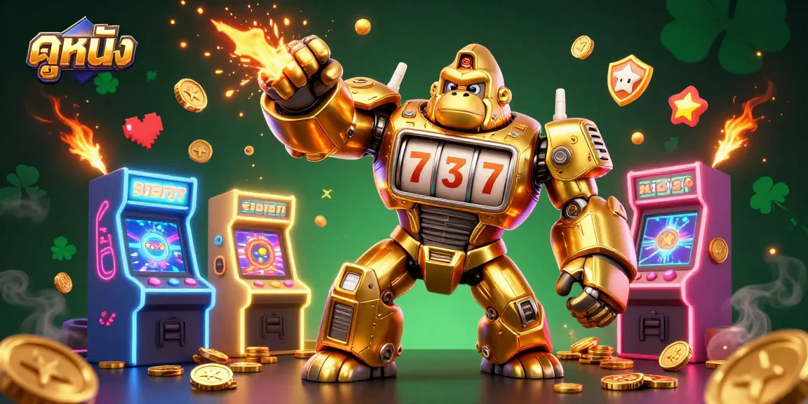 Spin the reels of ดูหนัง while the golden gorilla mech launches coins and excitement in a vibrant casino scene.