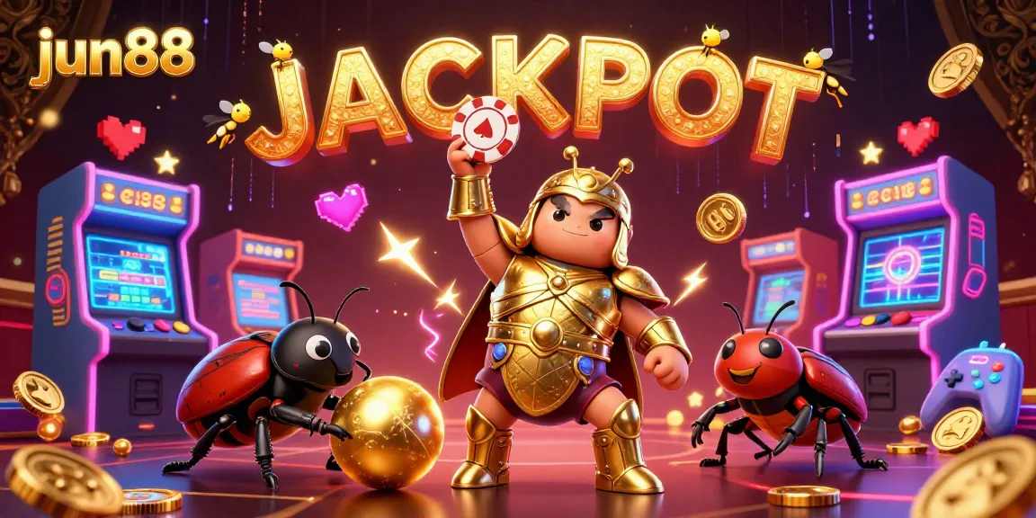 Experience the thrill of jun88 with a victorious beetle character celebrating a big jackpot!