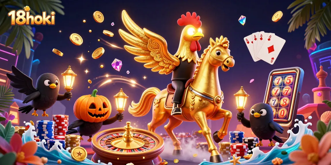 Experience the thrill of 18hoki in a vibrant midnight casino with golden rooster and dynamic game elements.