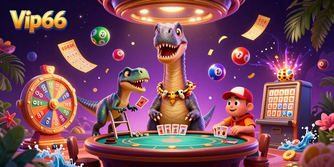 Join the excitement with Vip66 as the brontosaurus watches poker from above amidst dynamic lottery elements.