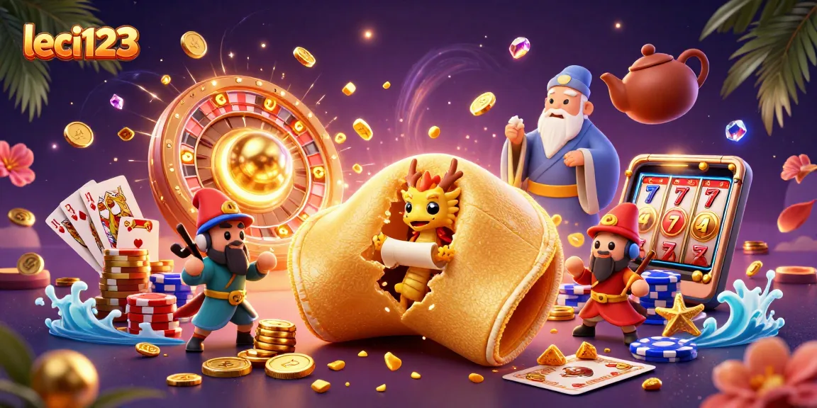 Win big with leci123 in a vibrant, action-packed casino scene showcasing fortune cookies and golden treasures.