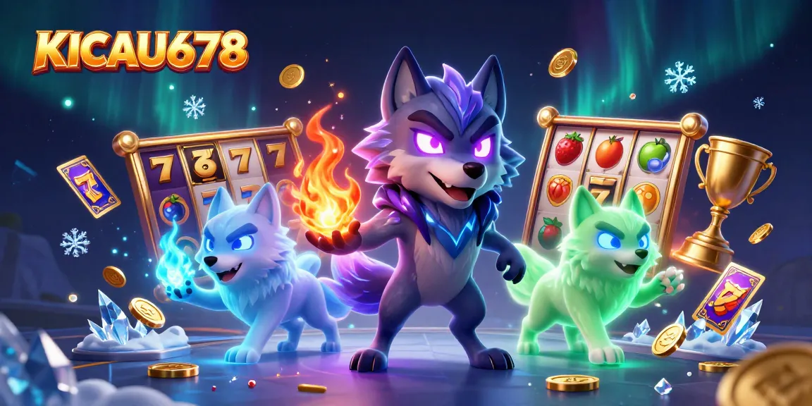 KICAU678 showcases a dynamic scene with slot games, glowing wolves, and festive coins.