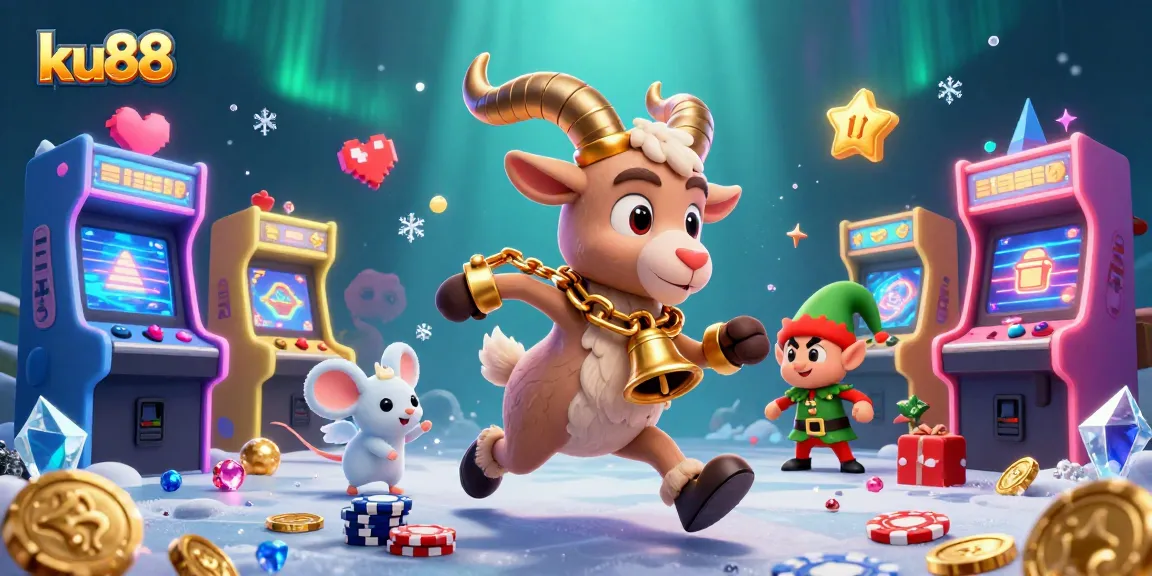 Experience festive chaos at ku88 with Krampus, an angel mouse, and greedy elf gremlins in a dynamic holiday casino scene.