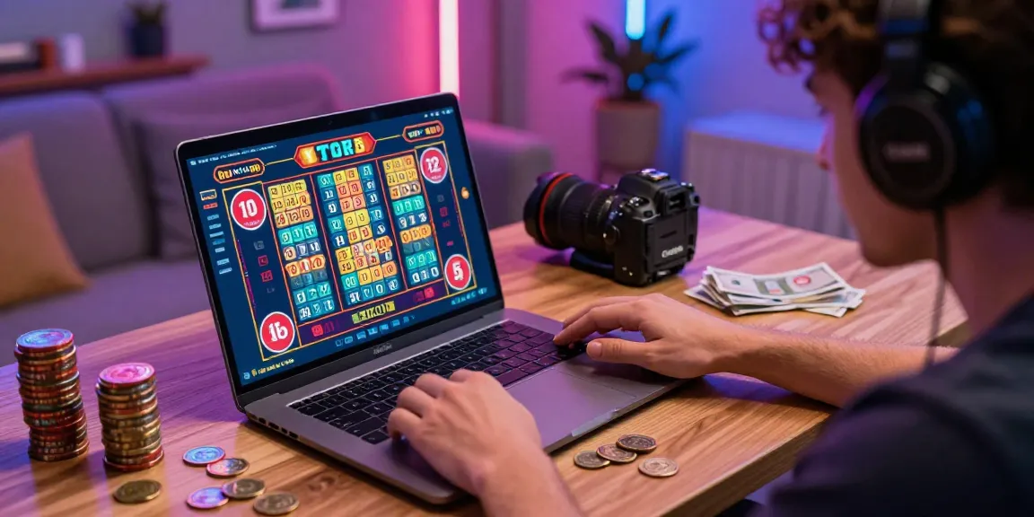 Menampilkan pemain togel di lazadatoto dengan suasana kemenangan, laptop dan uang di sekitar.