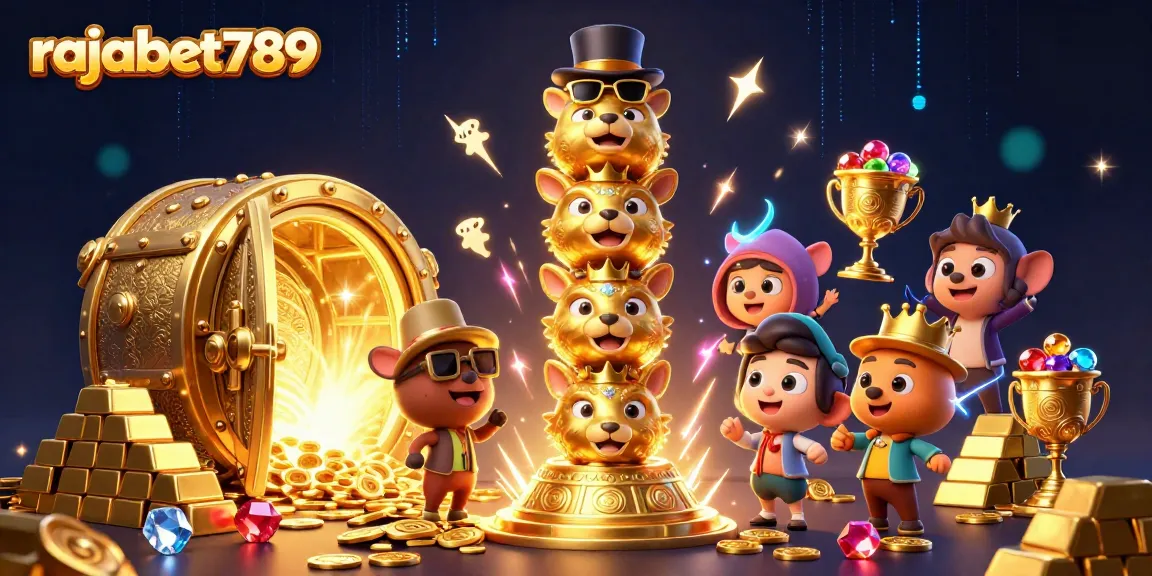Rajabet789 menampilkan totem kasino lucu dengan ekspresi berbeda di tengah kekayaan emas.