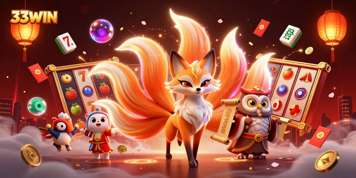 Engage with 33WIN's vibrant casino atmosphere illustrated by a nine-tailed fox and wise owl amidst glowing themes, capturing excitement.