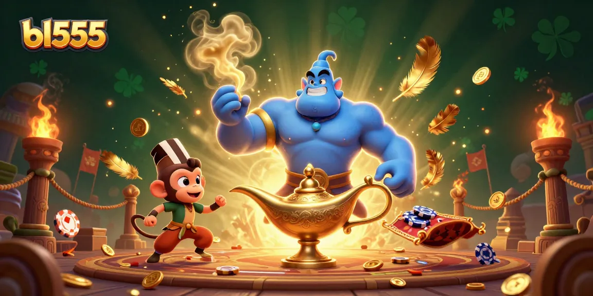 Experience the thrill of gaming at bl555 with a dynamic 3D scene of a genie, monkey, and poker chips.