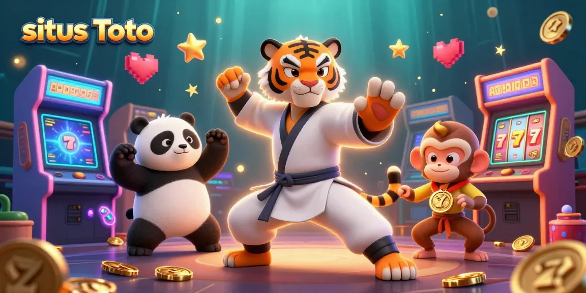Experience the thrill of situs Toto with playful characters in an action-packed casino scene.