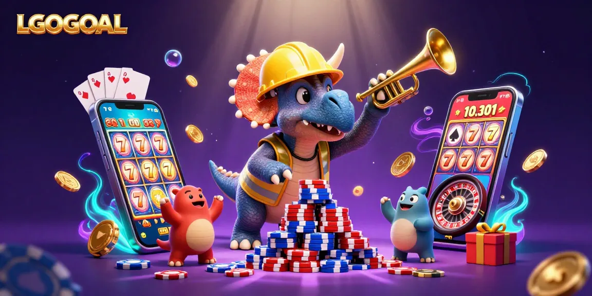 Engage in the thrill of LGOGOAL with slots and celebratory characters amid vibrant casino elements.