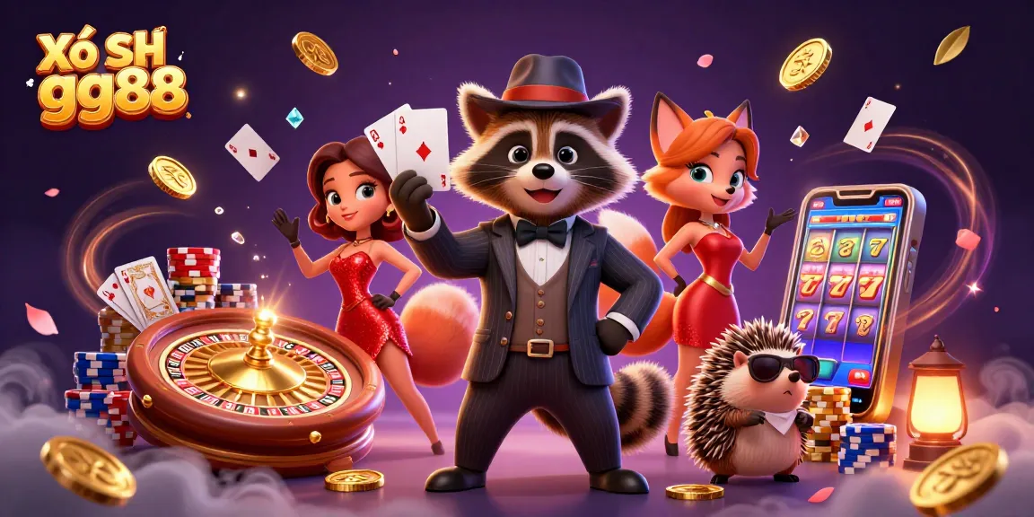 Play Xổ Số gg88 with excitement as the suave raccoon and friends celebrate wins with vibrant casino elements.