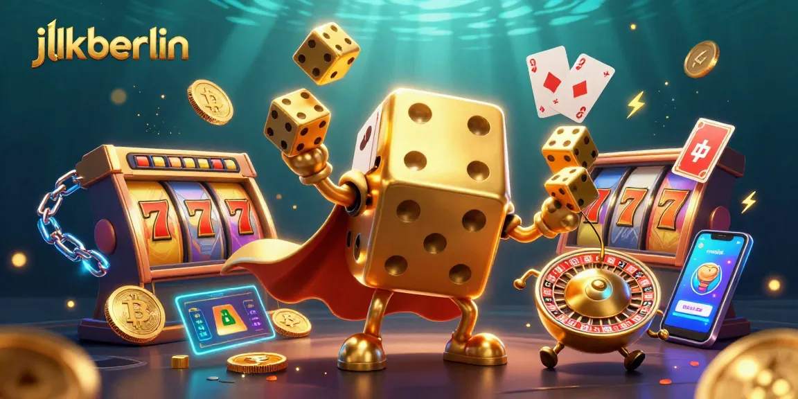 Spin the reels at jlkberlin with a lively casino-themed 3D illustration featuring golden dice and vibrant game elements.