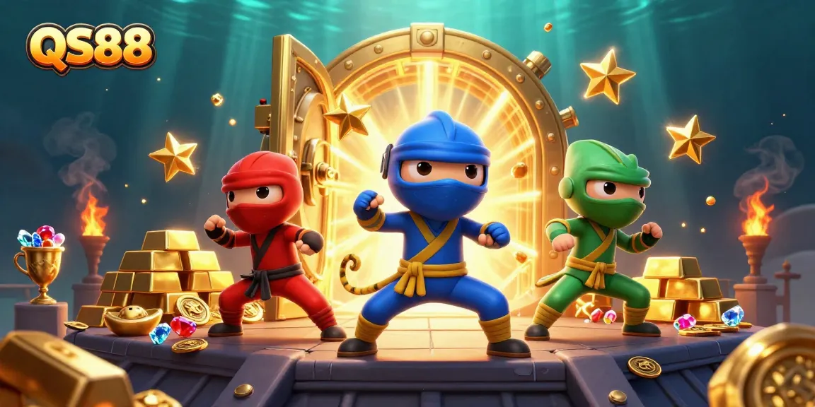 Experience thrilling gameplay at QS88 with chameleon ninjas in a dynamic casino illustration.