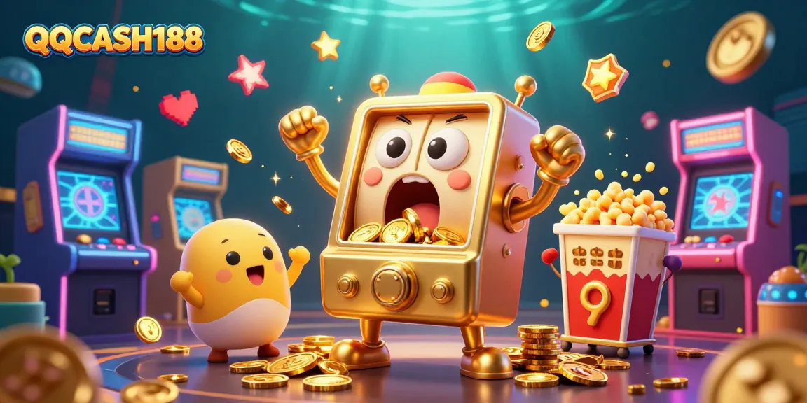 Experience the excitement of QQCASH188 with a winning golden slot machine in a vibrant casino scene.