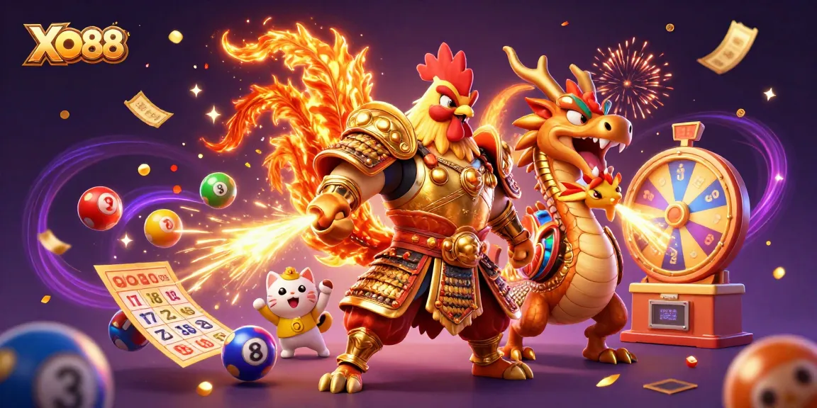 Engage with XO88's thrilling gameplay featuring a fighting rooster, dragon, and cats amidst vibrant casino elements.