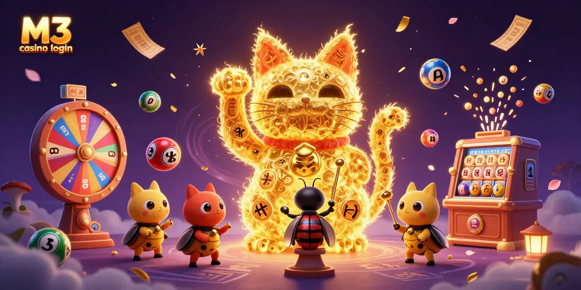 M3 casino login: Enter the colorful world of gaming with a lively lucky cat and dynamic lottery elements.