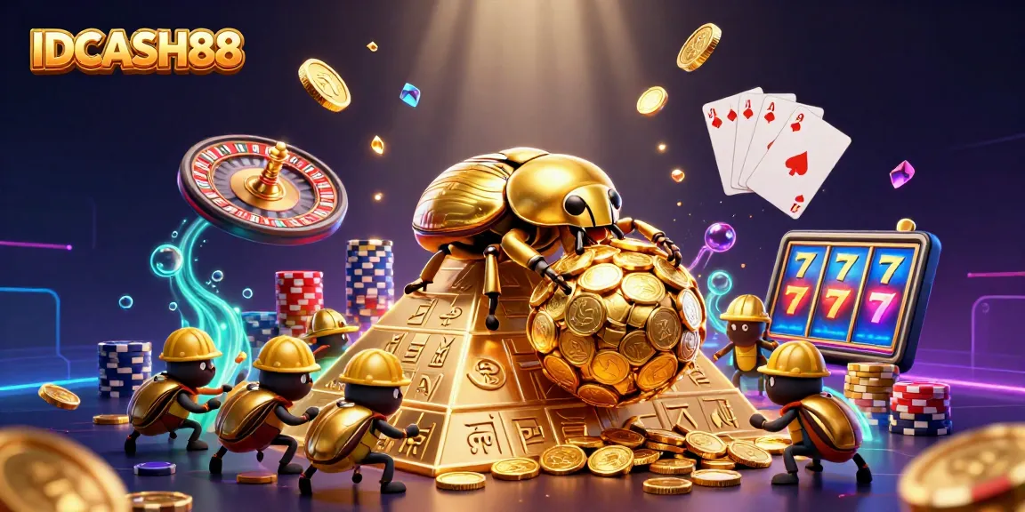 Engage with IDCASH88 as a majestic golden beetle rolls coins, surrounded by shimmering gems and spinning roulette.