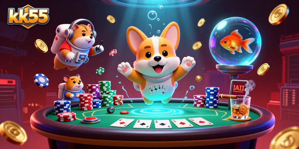 kk55 astronaut corgi floating in a vibrant casino with poker chips and glowing gold coins.