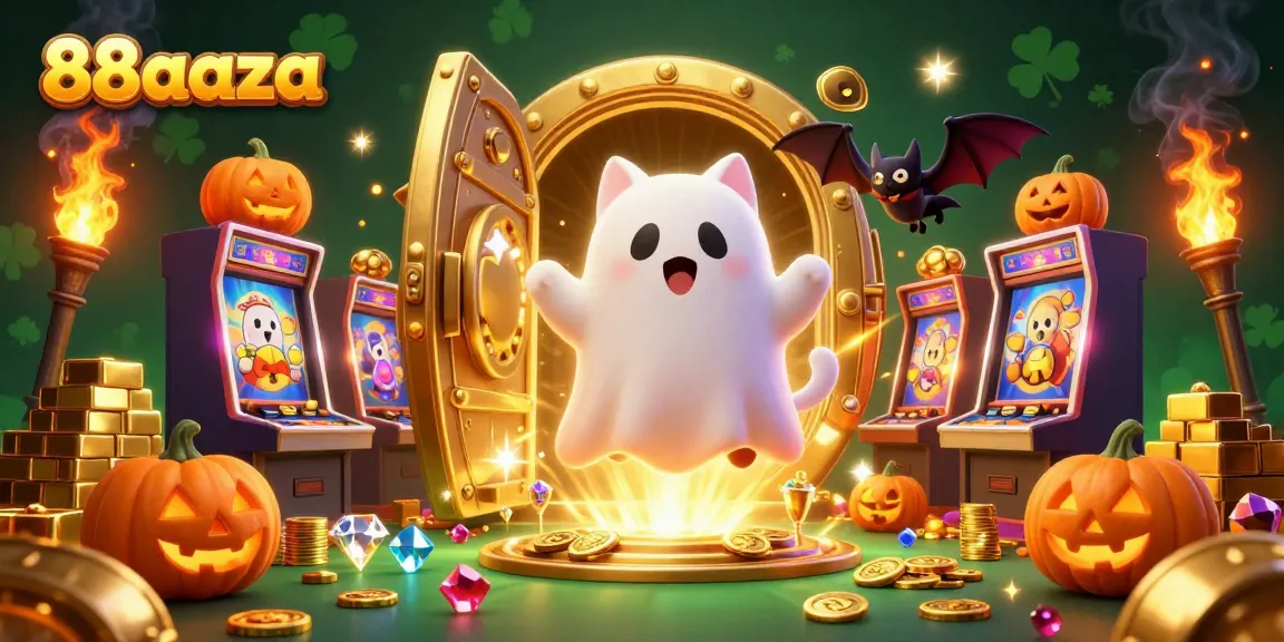 Navigate vibrant casino games with 88aaza, featuring a ghost cat and treasures glowing around.