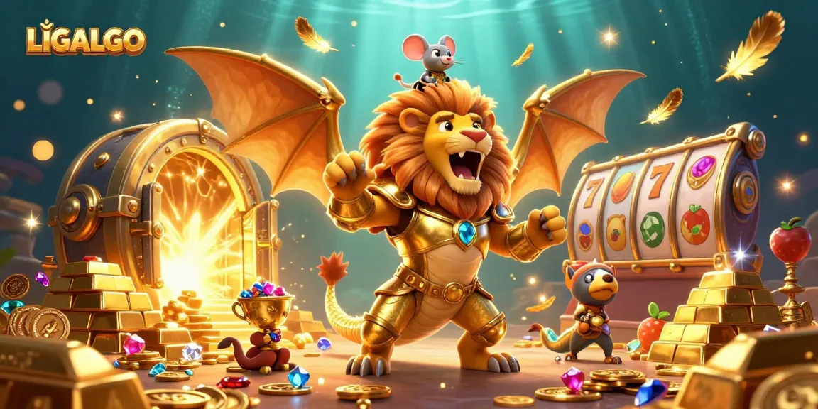 LIGALGO offers an engaging casino scene with a roaring chimeric creature and slot symbols illuminating the treasure.