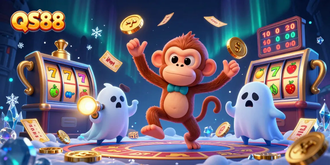 Experience the thrill of QS88 casino as a monkey juggles golden coins amid a haunted scene.