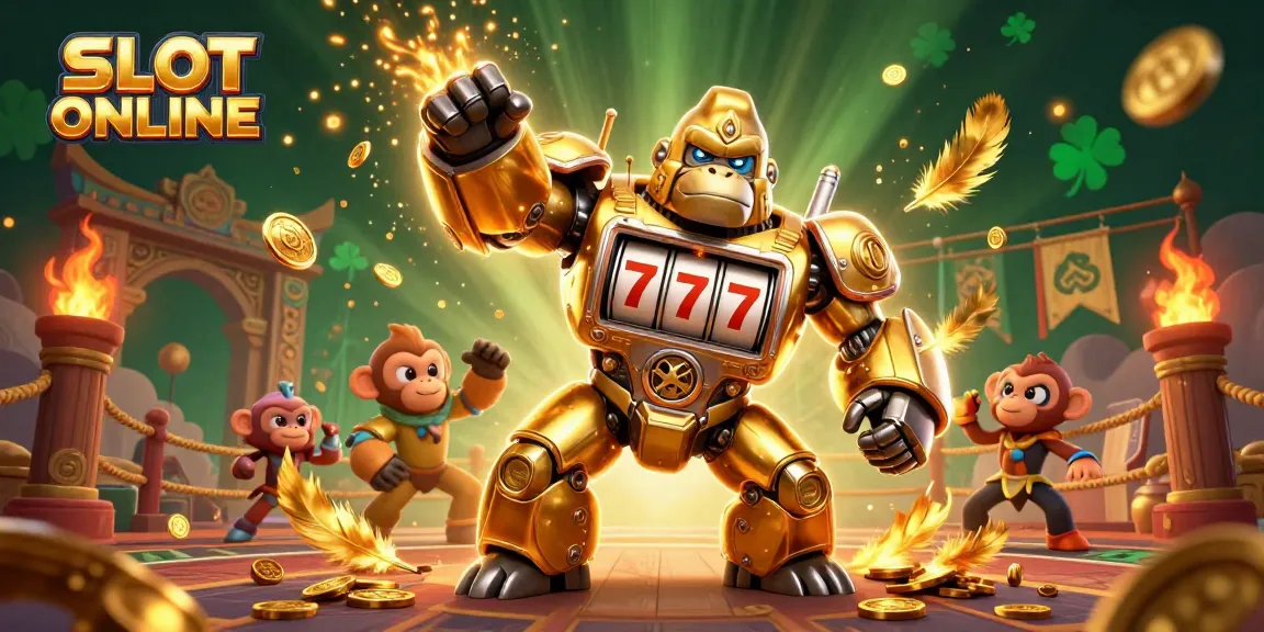 Engage in SLOT ONLINE with our dynamic 3D illustration showcasing exciting casino elements and character action.