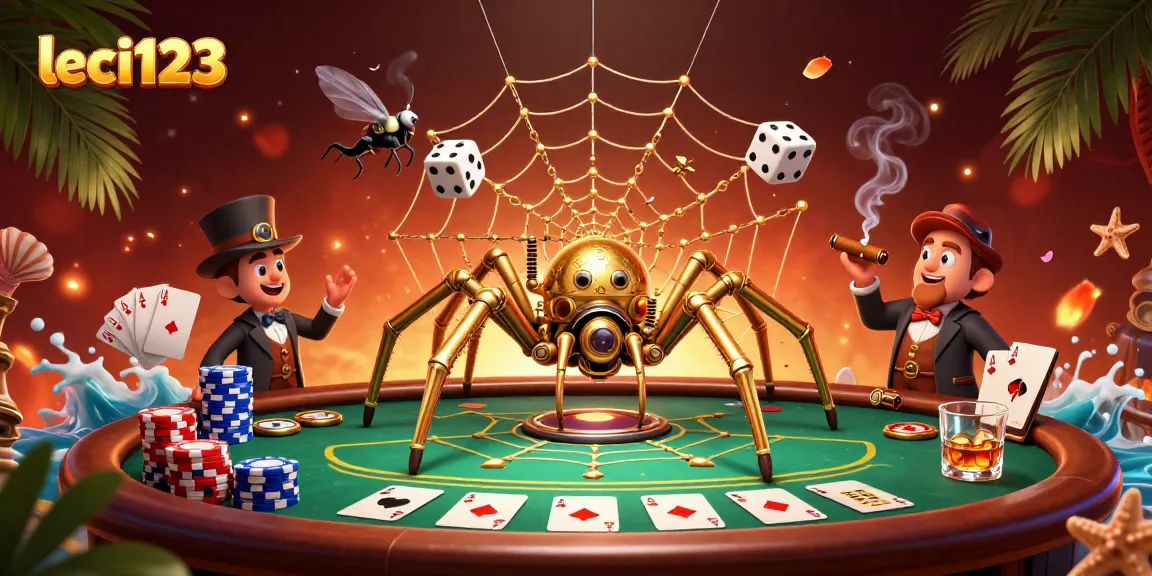 Join the fun at leci123 with a steampunk spider capturing dice in a vibrant, detailed casino scene.