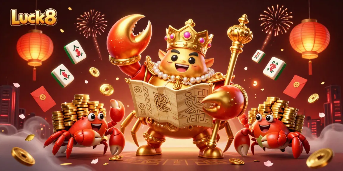 Experience the vibrant action of Luck8 with a golden crab emperor and servants amidst stunning casino elements.