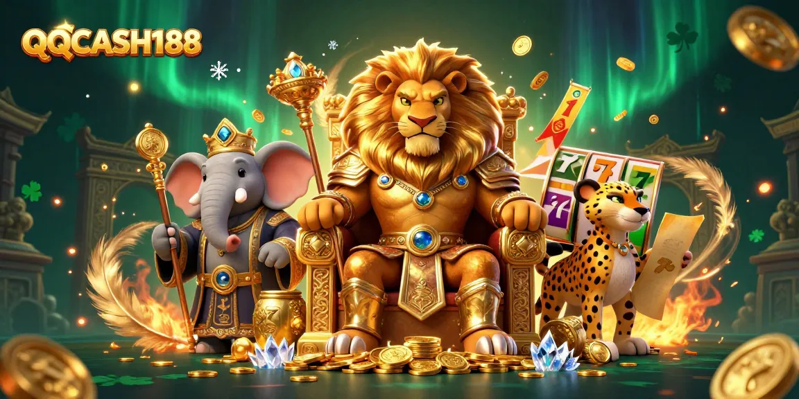 Join the excitement of QQCASH188 casino action with a dynamic scene featuring a lion king, elephant advisor, and cheetah messenger.