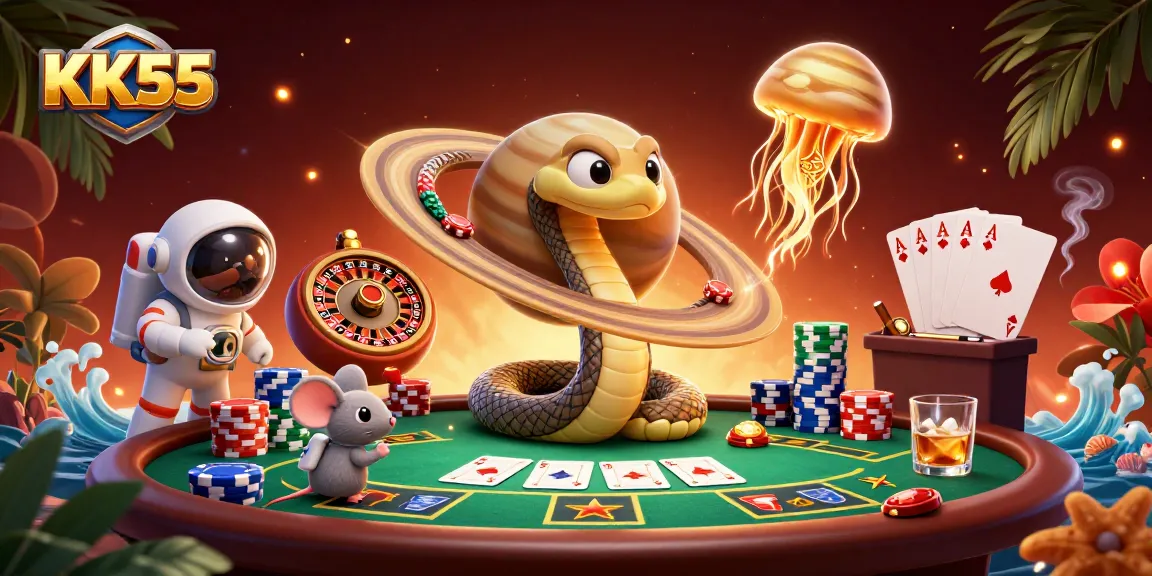 Gamblers engage with KK55's cosmic roulette, enjoying rich poker gameplay in an ultra-detailed casino scene.