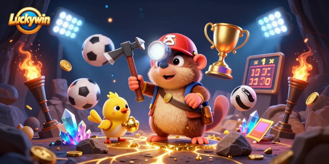 Luckywin casino illustration showcasing a treasure hunter mole among glowing gems and dynamic sports betting elements.