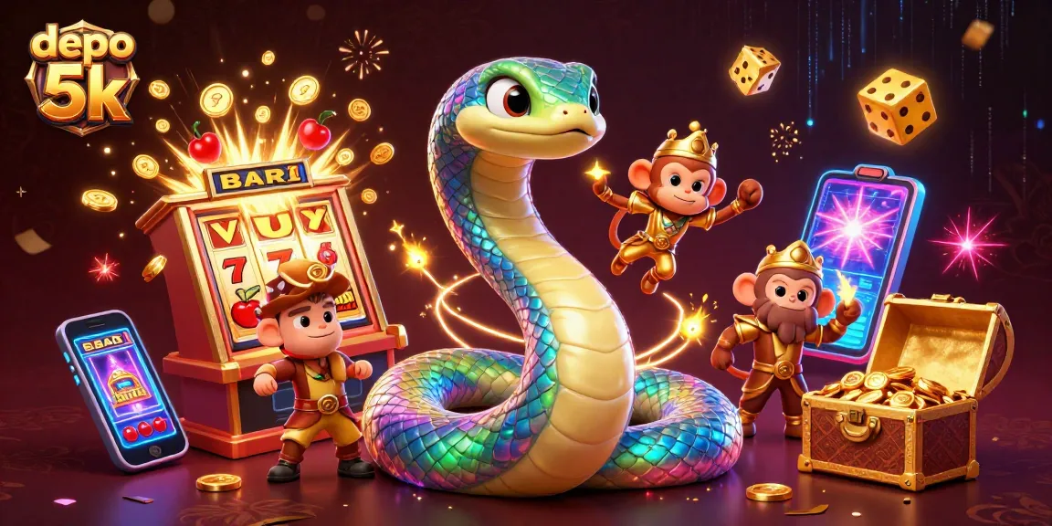 Experience the excitement of depo 5k slots bursting with coins and lights in a vibrant casino scene.
