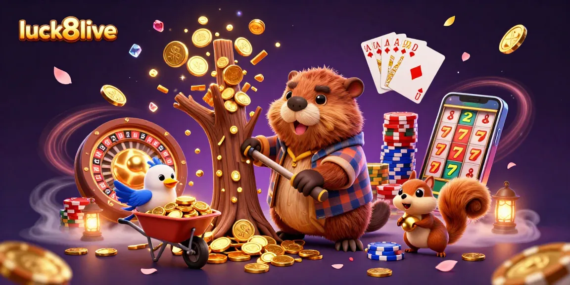 Win big at luck8live with a beaver chopping a coin tree amidst dazzling casino elements.