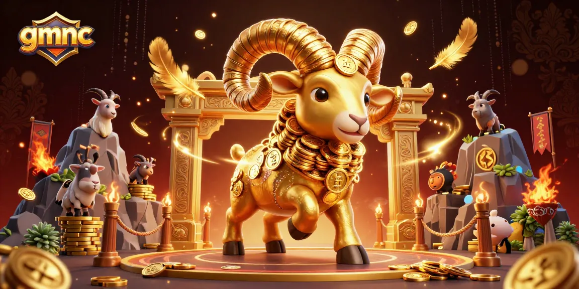 Experience gmnc with a dynamic 3D scene showcasing a golden ram charging and gold coins scattered around.